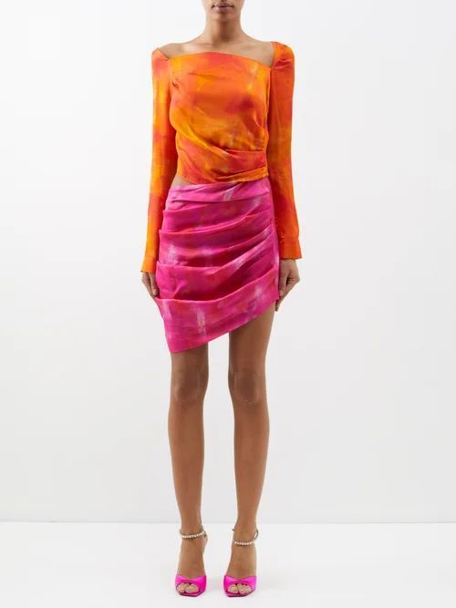 Femi Watercolour-print Mini Dress - Womens - Orange Pink