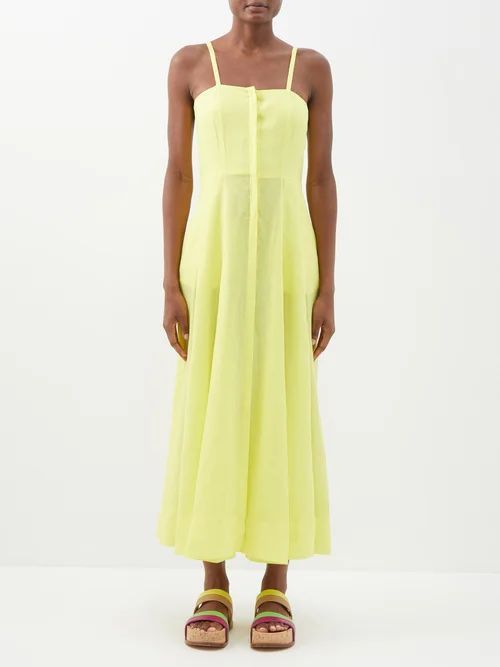 Margritte Square-neck Linen Dress - Womens - Yellow Neon