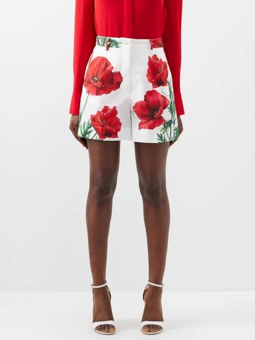 Happy Garden Poppy-print Cotton-poplin Shorts - Womens - Red Print