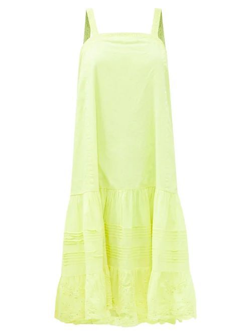 Tie-back Embroidered Cotton Dress - Womens - Yellow