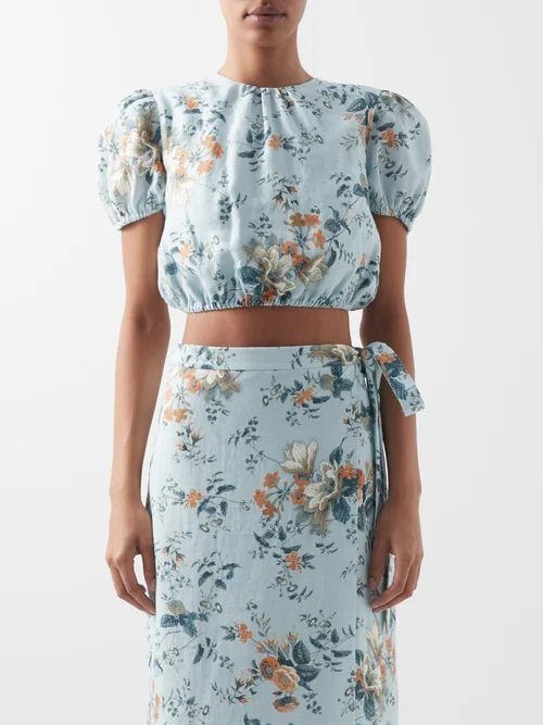 Vacation Hydra Floral-print Linen Cropped Top - Womens - Blue Print