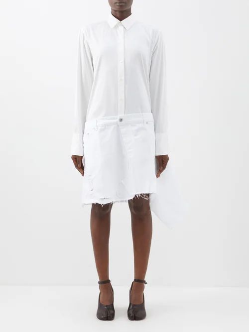Raw-edge Cotton-poplin And Denim Shirt Dress - Womens - White