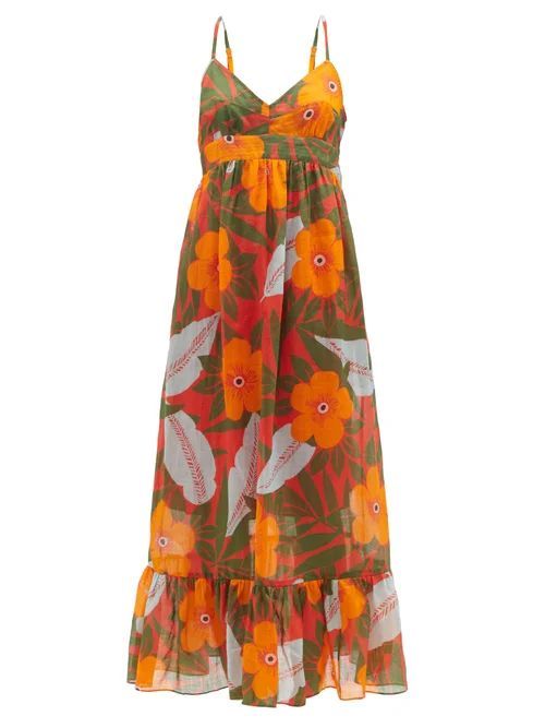 Oleander Hibiscus-print Ramie Maxi Dress - Womens - Orange Multi