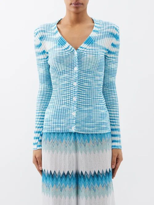 Space-dyed Ribbed Cardigan - Womens - Blue White