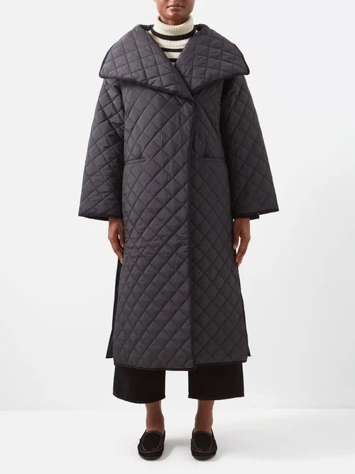 Quilted Recycled-shell Wrap Coat - Womens - Black