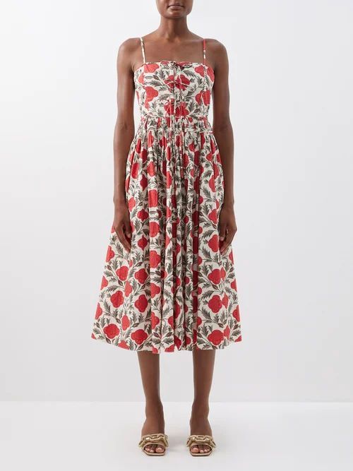 Katrina Floral Cotton-poplin Midi Dress - Womens - Red Print