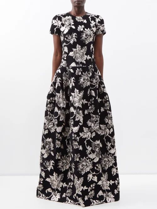 Alphonse Floral-brocade Drop-waist Gown - Womens - Black Silver