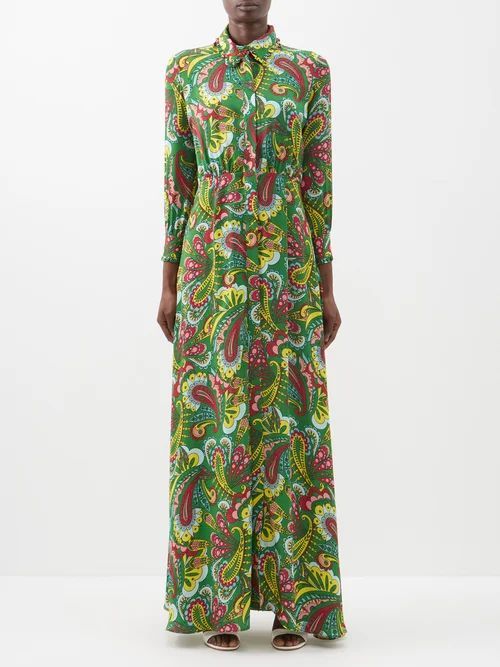 Jacqeuline Paisley-print Crepe Maxi Shirt Dress - Womens - Green Print