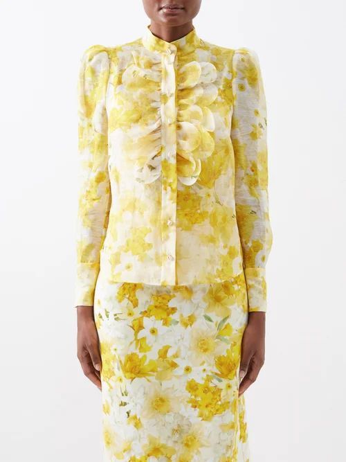 Wonderland Scalloped Linen-blend Blouse - Womens - Yellow Multi