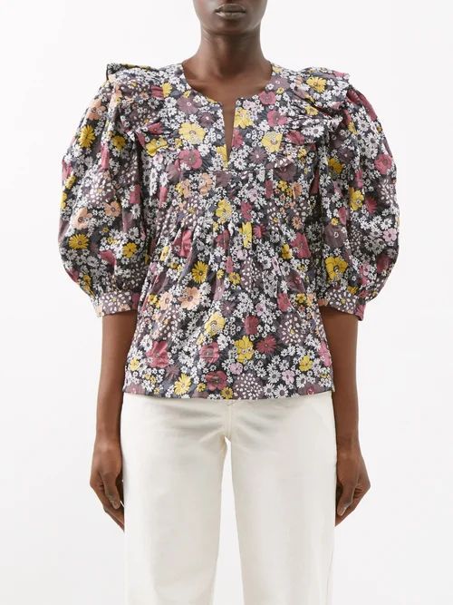 Gitte Puff-sleeve Floral-print Cotton Top - Womens - Multi