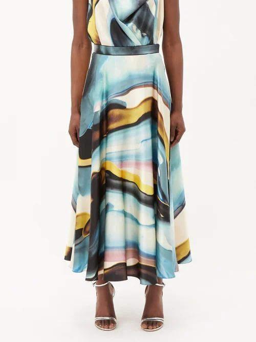 Colvin Marble-print Silk-satin Midi Skirt - Womens - Multi