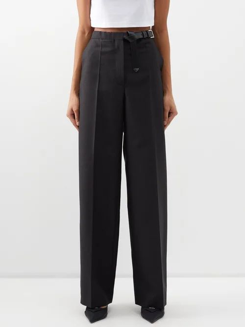 Belted Wide-leg Mohair-blend Trousers - Womens - Dark Grey