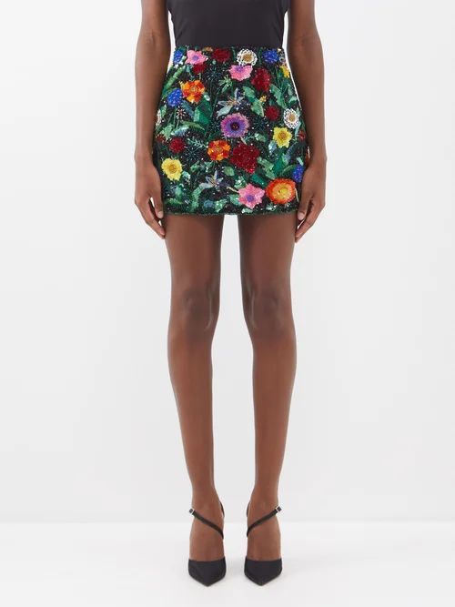 Floral-sequinned Georgette Mini Skirt - Womens - Black Multi