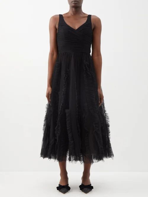 V-neck Fringed Nylon-tulle Dress - Womens - Black