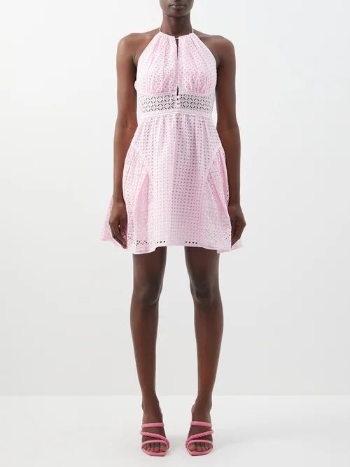 Halterneck Broderie-anglaise Cotton Mini Dress - Womens - Light Pink