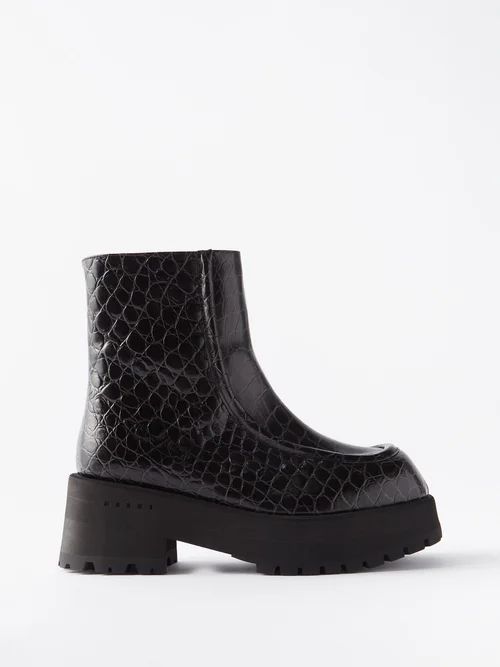Crocodile-effect Leather Boots - Womens - Black