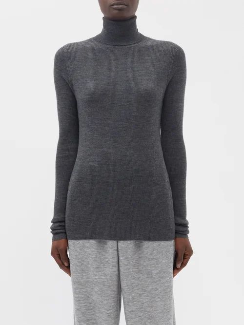 Roll-neck Fine-rib Merino-wool Sweater - Womens - Charcoal