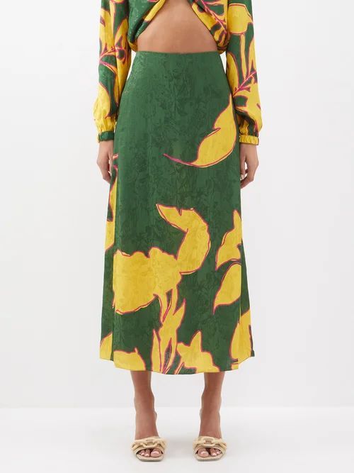 Sierra Leona High-rise Floral-jacquard Midi Skirt - Womens - Green Yellow
