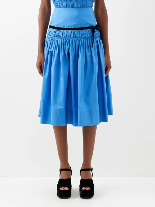 Harlow Velvet-trim Shirred Taffeta Midi Skirt - Womens - Blue Black
