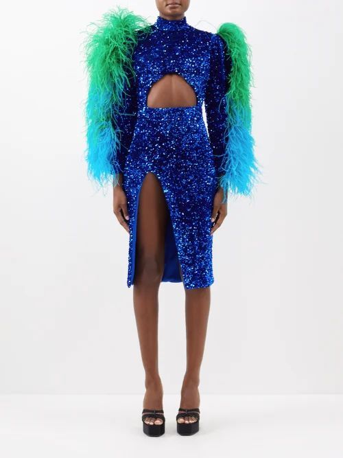 Feather-trim Sequinned Side-slit Dress - Womens - Blue Multi