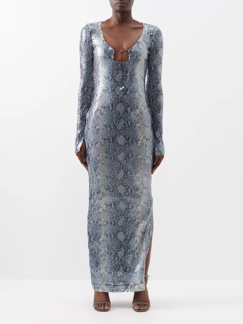 Solaria Python-effect Sequinned Gown - Womens - Grey Multi