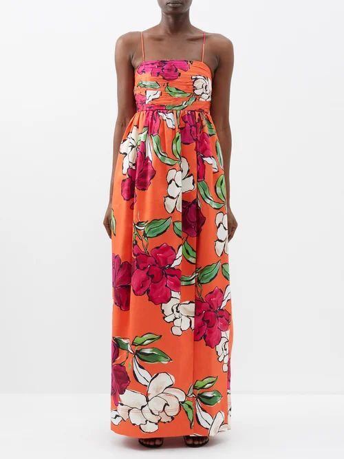 Monument Floral-print Linen-blend Maxi Dress - Womens - Orange Multi