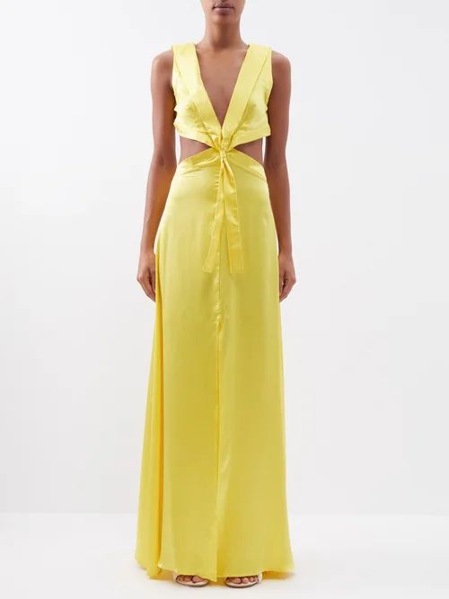 V-neck Cut-out Silk-charmeuse Dress - Womens - Pale Yellow