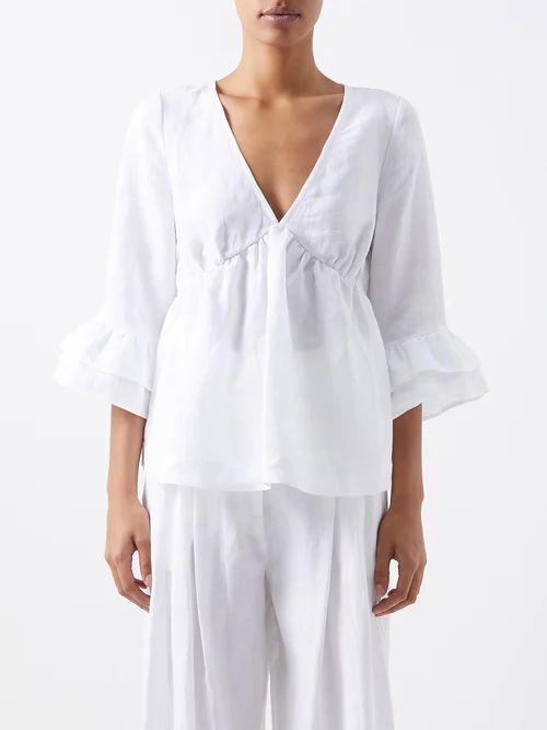 Katerina Fluted-cuff Organic-linen Voile Blouse - Womens - Optical White