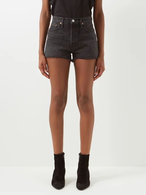 70s High Rise Cut-off Denim Shorts - Womens - Black