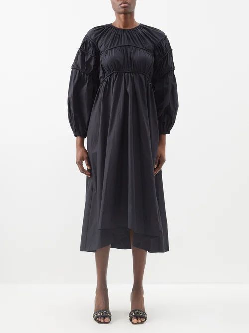 Ruched Cotton-poplin Midi Dress - Womens - Black