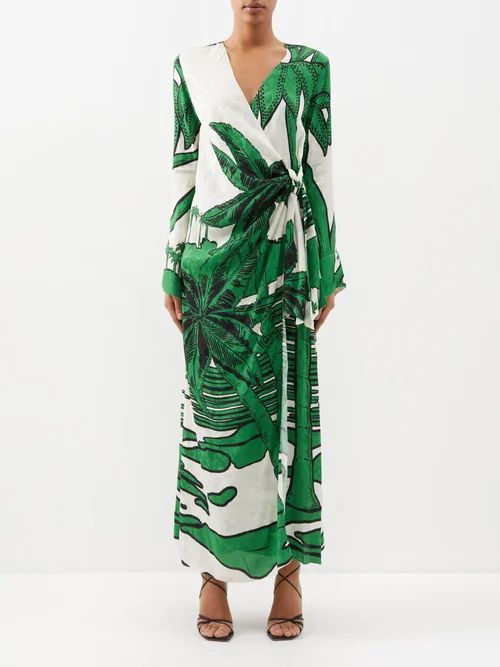Gulf Of Guinea Palm-print Midi Wrap Dress - Womens - Green Print