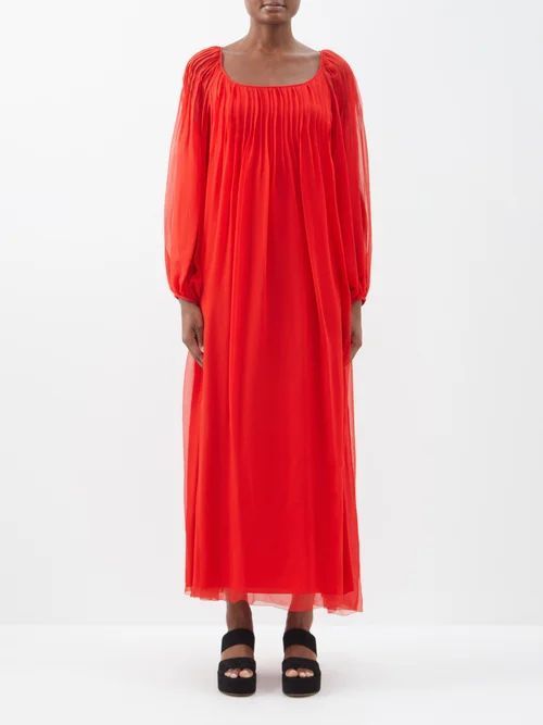Scoop-neck Silk-mousseline Midi Dress - Womens - Red