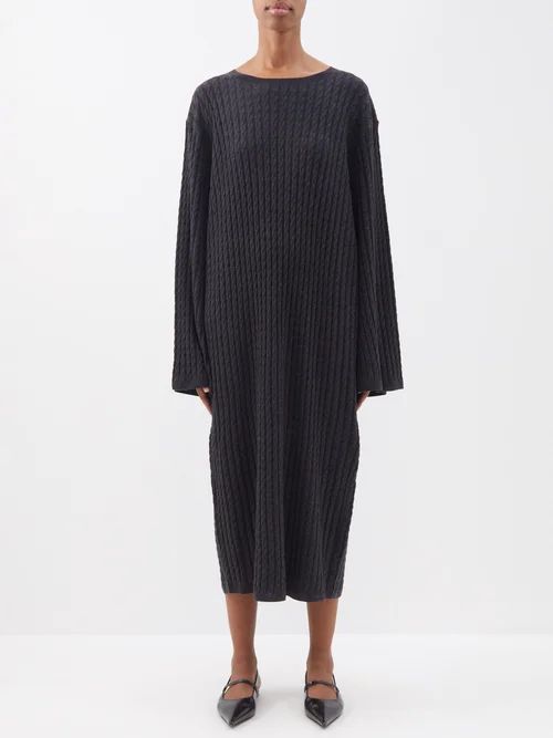 Wide-sleeve Cable-knit Wool Midi Dress - Womens - Dark Grey