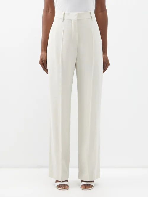 Pleated High-waist Crepe Trousers - Womens - Light Beige
