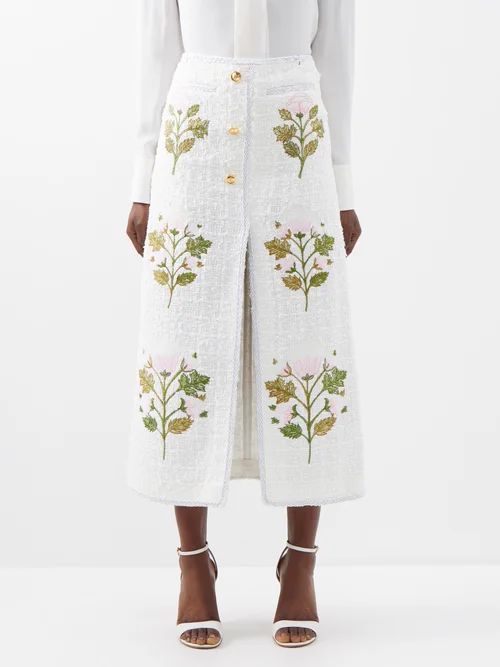 Rose-embroidered Cotton-blend Bouclé Midi Skirt - Womens - Ivory Multi