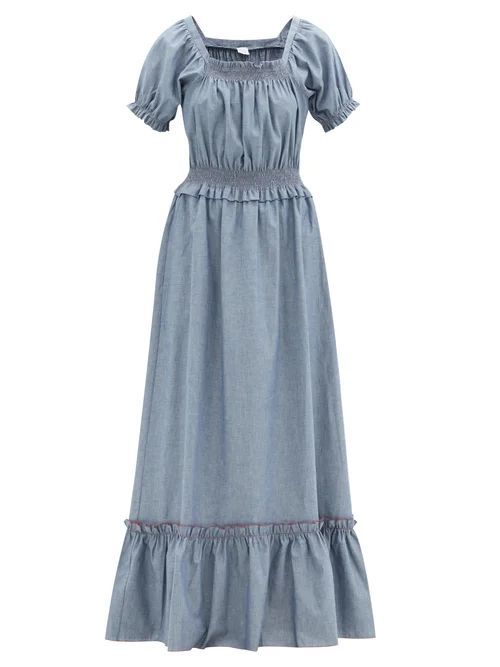 Stefania Shirred Cotton-chambray Maxi Dress - Womens - Blue