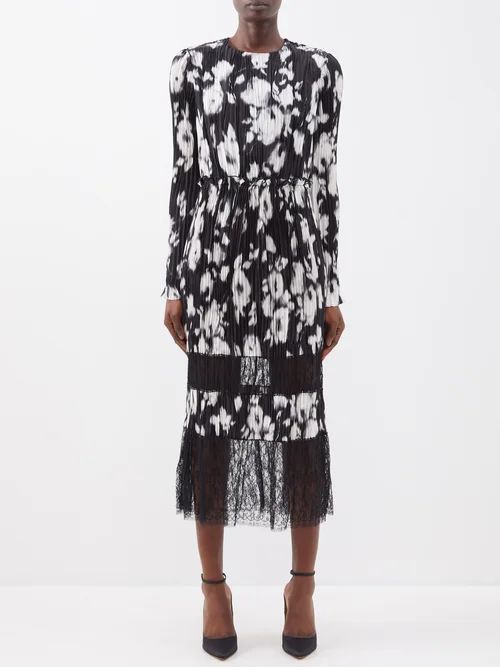 Lace-panelled Printed Silk Midi Dress - Womens - Black White