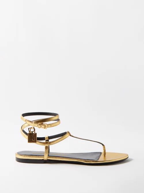 Padlock Nappa Leather Flat Sandals - Womens - Gold