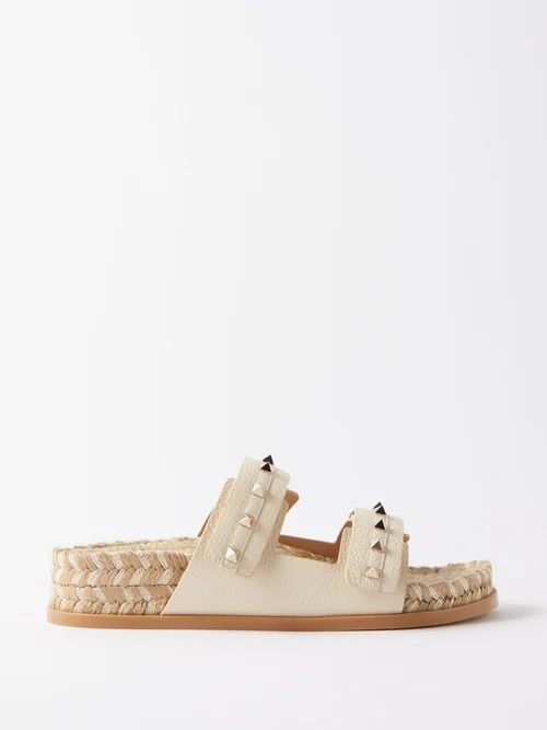 Rockstud Leather And Jute Slides - Womens - White