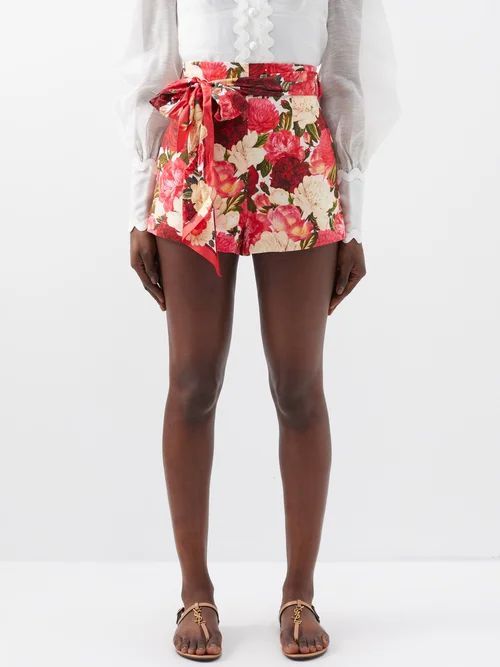 Wonderland Floral-print Tie-waist Linen Shorts - Womens - Floral