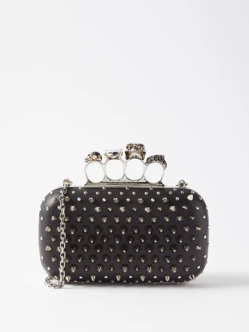 Four Ring Spiked Leather Clutch Bag - Womens - Black