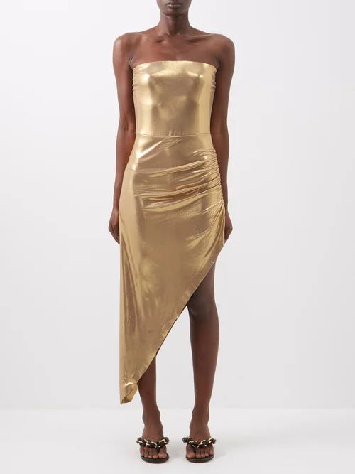 Asymmetric Strapless Lamé Midi Dress - Womens - Gold