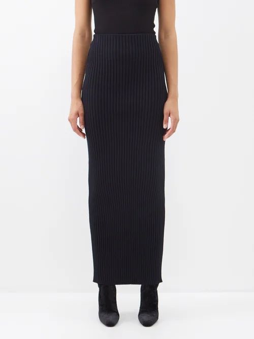 Ribbed Wool-blend Knitted Maxi Skirt - Womens - Navy