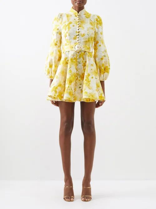 Wonderland Daffodil-print Belted Mini Dress - Womens - Yellow Print