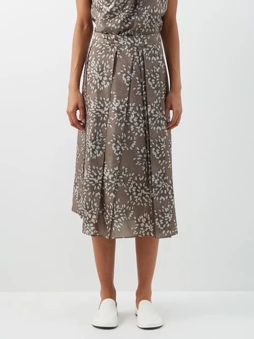 Abstract-print Pleated Silk-poplin Midi Skirt - Womens - Brown Multi