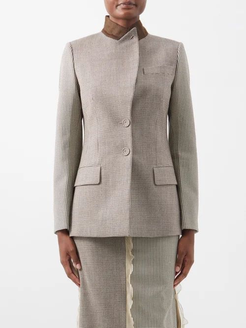 Houndstooth Wool-blend Suit Jacket - Womens - Grey Brown