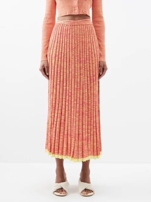 Tie-waist Pleated Ribbed-knit Maxi Skirt - Womens - Orange Pink