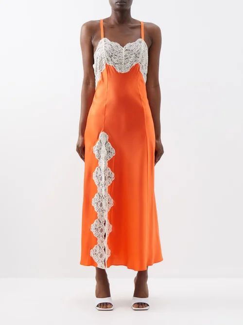 Lace-panelled Silk-satin Slip Dress - Womens - Orange