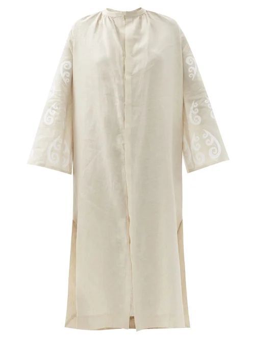 Peacock-print Linen Shirt Dress - Womens - Beige
