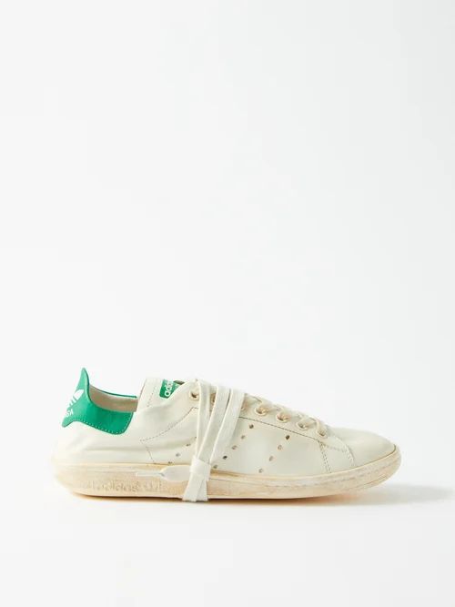 X Adidas Stan Smith Distressed Leather Trainers - Womens - Green White